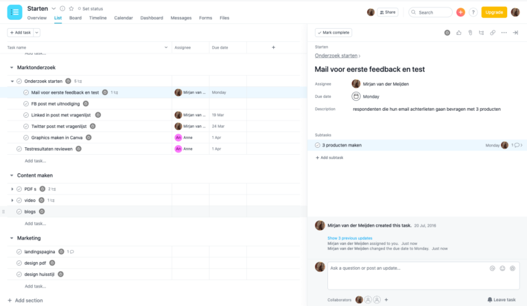 wat is asana - taken en subtaken